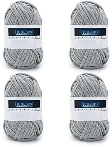 4 Pack 100g Grobes Baumwolle Garn zum Stricken und Häkeln T-Shirt Band Strickgarn Baumwolle Überwurfgarn Weiches Großes Garn Häkelgarn Set für Korb Taschen Decken Hüte Spielzeug Schals Grau
