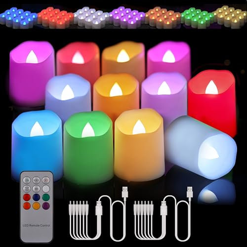 BOWKA Wiederaufladbare RGB Led Teelichter 12 Stück mit Fernbedienung Timer Flammenlose Flackernde kerzen Teelicht für Halloween Weihnachten Party Hochzeit Outdoor Beleuchtung Deko RGB (Bunt)