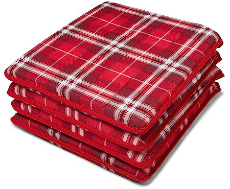 Charlotte Andersen Set of 4 RED Highland Tartan Check Seat Pads Memory Foam Kitchen Dining Garden Chair Cushion With Ties Zipped Removable Covers (RED, 4)