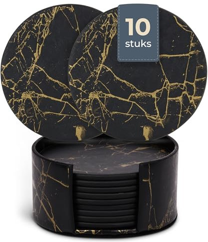Castagnola Kunstleder Design Untersetzer mit Halter | Untersetzer für Gläser | Untersetzer Set | Getränkeuntersetzer | Kunstleder | Lederuntersetzer | 10er Set (Schwarz/Gold - 10 STK)