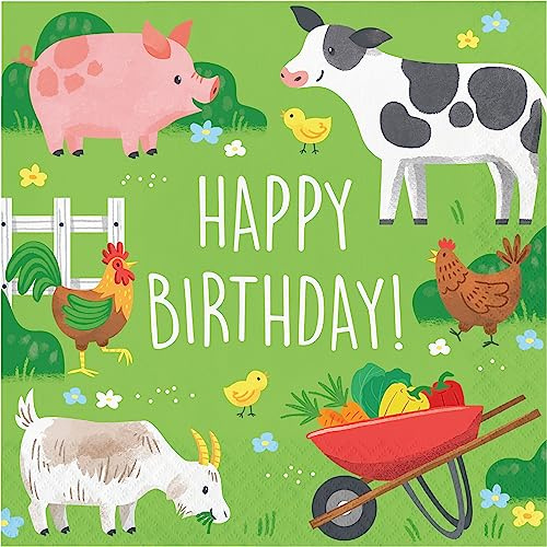 Creative Party PC368232 Serviettes de table épaisses et solides à 2 plis, multicolores, décorations de fête de la ferme, animaux de la ferme, serviettes de fête pour enfants, 33 cm