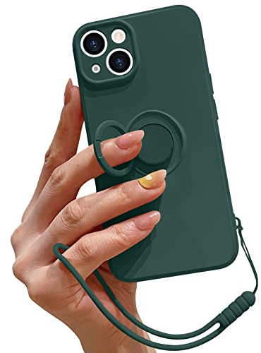 Pepmune for iPhone 15 Plus Silicone Case with Ring Holder-Green | Kickstand Magnetic Car Mount,Detachable Wrist Strap,Shockproof Soft Protective Cover