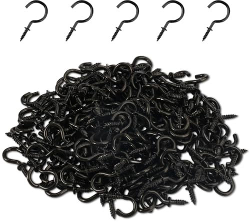 Jinsion 200 Pezzi Ganci a Vite, Occhielli a Vite Aperti, 1/2 Pollice Ganci Legno Vite, Viti a Gancio, Nero Ganci Avvitabili in Metallo, Gancio a Vite per Piante, Tazze, Decorazioni Artistiche