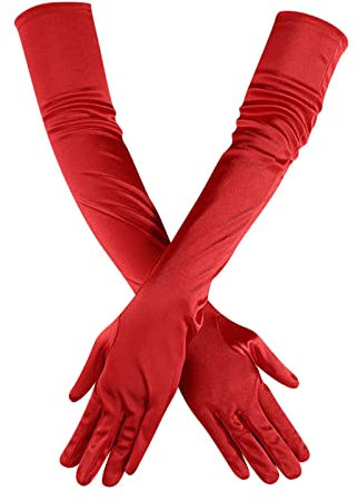 DUHGBNE Opera Dance Elbow Finger Twenties Bridal Long Gloves Women's Gloves Satin Latex Gloves Long, red, One Size