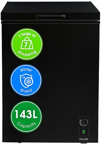 Abode Freestanding Black Chest Freezer 142L with Removable Wire Basket & Counter Balance Lid, Adjustable Thermostat, Suitable for Garages & Outbuildings A142CF0E1B (Black, 143 Litre)