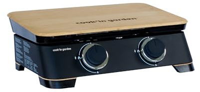 Cook’in Garden - Plancha Gaz Dune 60, 2 Brûleurs Inox 4 kW, Plaque Fonte Émaillée, Bac Récupérateur de Graisse Amovible, Capot Inclus, Idéal 10 Personnes,