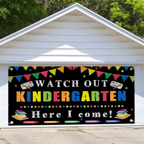 4,9 x 2,1 m Couverture de porte de garage pour la rentrée scolaire, toile de fond « Watch Out Here I Come » pour enfants - Décoration de porte de garage pour enfants - Bannière de salle de classe -
