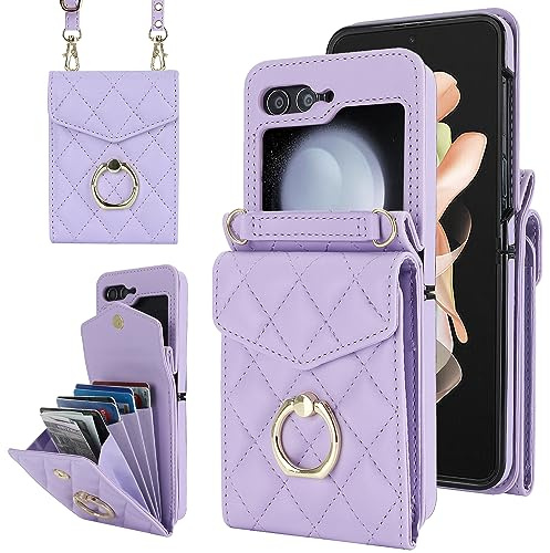 Draamvol for Samsung Galaxy Z Flip 7 FE/Z Flip 6 Phone Case, Wallet Shockproof PU Leather with Card Holder Ring Holder Detachable Necklace Magnetic RFID Blocking Hinge Protection Cover, Purple