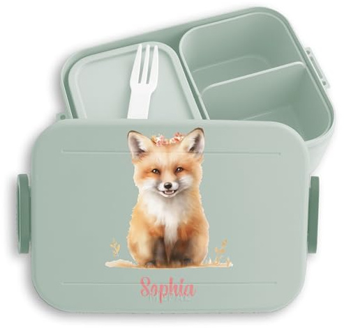 Bento Box Midi Lunchbox Mepal Bentobox - Fuchs - Niedliche Fuchs-Brotdose für Kinder | Auslaufsicher und langlebig | Perfekt für Snacks und Pausenbrot | Fuchs-Lunchbox - 900 ml - Sage Grün
