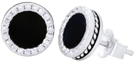 KRKC Silber Herren Ohrstecker, Schwarz S925 Sterling Silber Nickelfrei | Rund/Quatrat/Römische Zahlen/Kreuz/Fleur De Lis Iced CZ Ohrringe, Geburtstag Geschenk Hip Hop Ohr Schmuck für Männer