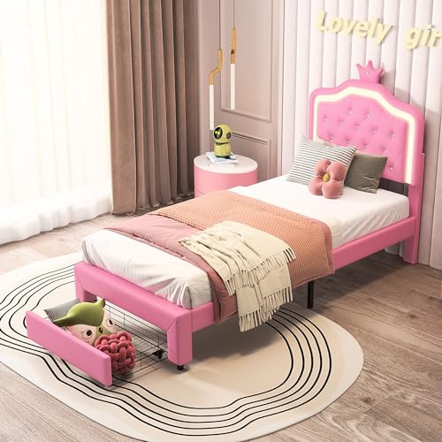 BPKADHY Kinderbett Polsterbett 90x200 cm,Kinderbett Mädchen Bett mit Verstellbarem LED-Kopfteil und 1 Schubladen,Kronen-Einzelbettaus Kinder Bettgestell Jugendbett PU-Leder mit Lattenrost,Rosa