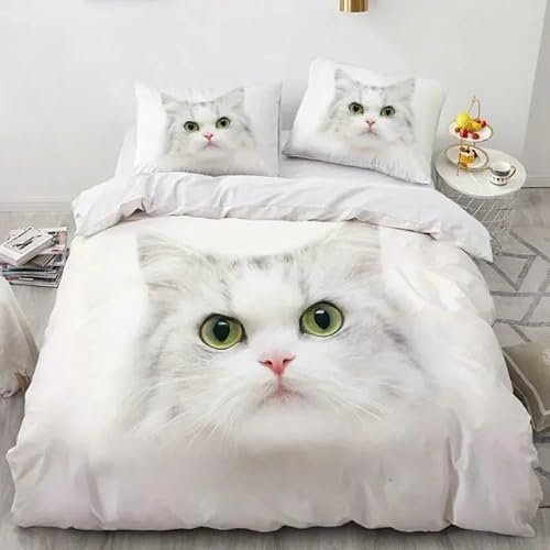 CHCHNXY BettwäSche 200x220,Weiße Katze 100% Microfaser 3D Print Bettbezug Mit 2 Kissenbezug 80x80cm Mit Reißverschluss,Weich Und Angenehme Bettwäsche Set Für Erwachsener