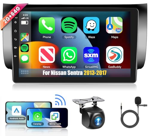 4Core+64G for Nissan Sentra 2013-2017 Car Radio with Wireless Carplay/Android Auto,Android Car Stereo 10.1 Inch Touch Screen GPS Navi WiFi Bluetooth FM/RDS Mirror Link SWC Backup Camera