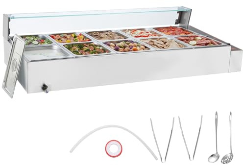 VEVOR Chauffe-Plat Buffet à 10 Bacs de 7,6 L, Bain-Marie Électrique 1700 W, Buffet Chauffant en INOX, Écran en Verre, Température Réglable 30-85 °C, pour Réchauffer Aliments Restauration Soirée Fête
