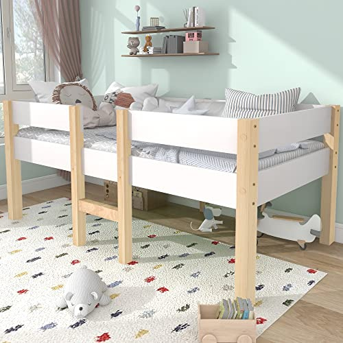 Gegtuon Etagenbett Kinderbett 90x200 cm, Bett mit Stauraum Underbett, Hochbett Bettgestell mit Leiter, Hausbett Jugendbett mit Rausfallschutz und Lattenrost für Kinder, ohne Matratze, Weiß & Eiche