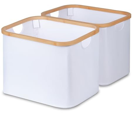 iEGrow Cesta de Ropa Plegable 50L (2 PCS), Cesta de Lavandería Plegable con Asas de Bambú, Cesta de Almacenamiento Blanco para Dormitorio, Baño, Lavadero