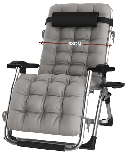 Sedia Sdraio Pieghevole 83cm Extra Large, Portata 240kg, Regolabile 90-170° Senza Peso, con Imbottitura Spessa 10cm,Poggiatesta,Copertura,Portabicchieri, per Esterni Giardino Balcone Piscina