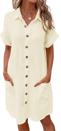 PASUDA Strandöverdrag Dam Strandklänning Sexig Bikini Cover Up Sommar Button Down Skjorta V-ringning Bomull Blus Strandöverdrag Avslappnad Stranddräkt Lång Blusar, Vit, XL
