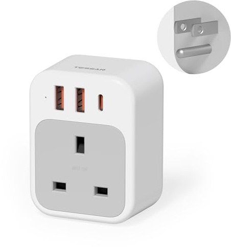 UK to US Plug Adaptor, TESSAN 20W PD Fast USA Travel Adapter with 3 USB Ports (1 USB C), 4 in 1 Grounded Type B, UK to US Power Adapter for USA, Mexico, Canada, Philippines, Peru