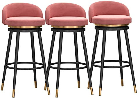 Farmhouse Barhocker für Küche, Frühstück, 3er-Set, Samt, gepolstert, Thekenhöhe, Drehhocker mit Rückenlehnen, 360° drehbar, schwarze Metallbeine, rosa Sitzfläche, 75 cm Höhe