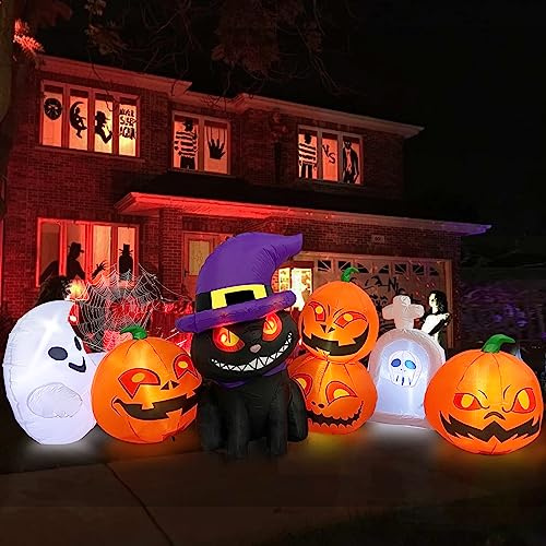 Danxilu 8FT Halloween Inflatables Black Cat & Pumpkins Outdoor Decoration | Built-in LED Lights, Blow Up Decor with Ghost and Tombstone Details, Ideal for Garden, Lawn, Yard and Halloween Party