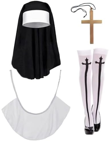 Glixoft 1 Set Nonne Kostüme Zubehör Kopfbedeckung Schal Kreuz Halskette Knie Oberschenkel Hohe Socken Cosplay Kostüm Zubehör Für Halloween