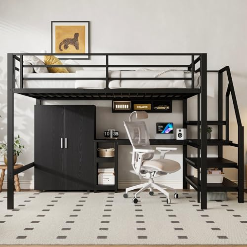 KOMHTOM 140x200cm Multifonctionnel Lit Superposé avec Armoire et étagère, Lit Surélevé avec échelle de Rangement et Bureau(sans Matelas) (Noir)