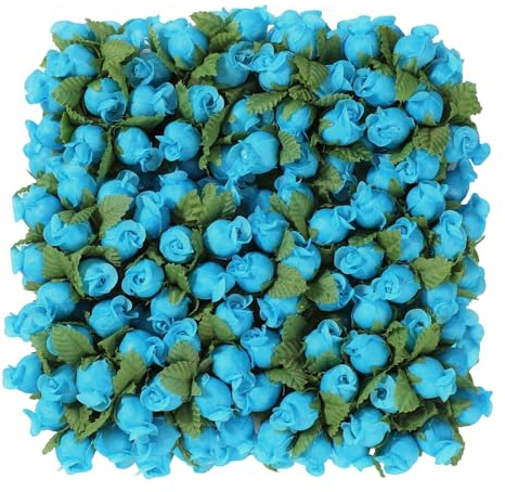 MWOOT 144Pcs Mini Roses Artificial Flower Heads, Blue Plastic Rose Buds with Stems for Crafts, Small Fake Roses for DIY Valentine's Day Wedding Bouquet Festival Decoration, Tiny Faux Flower Heads