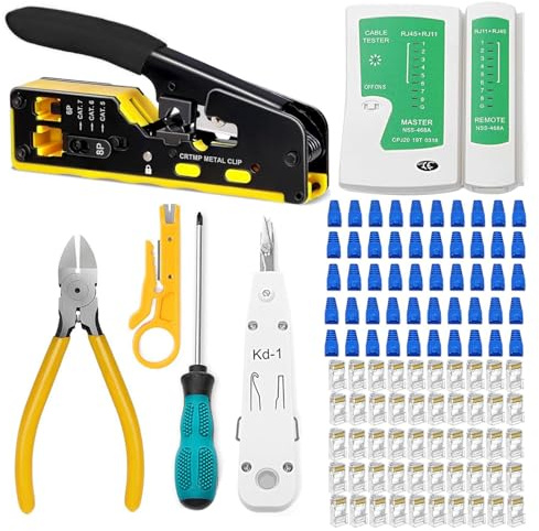 Juego de herramientas de red, alicates de crimpado RJ45 para Cat5, Cat6, Cat7 con 50 conectores de cable Cat6, pelacables, comprobador de red, RJ45/RJ11/RJ12