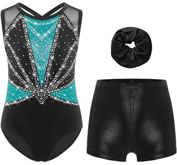 Xnihocha 3Pcs Mädchen Turnanzug Glitzer Gymnastikanzug Ärmellos Ballettanzug mit Shorts Kurze Hose und Stirnband Ballett Tanzkostüm