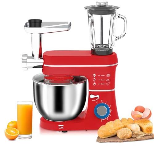 Robot pâtissier sur socle 10 L, robot de cuisine électrique 5 en 1, tête inclinable 6 vitesses, bol en acier inoxydable, bocal en verre, hachoir à viande, crochet pétrisseur, fouet, mixeur à