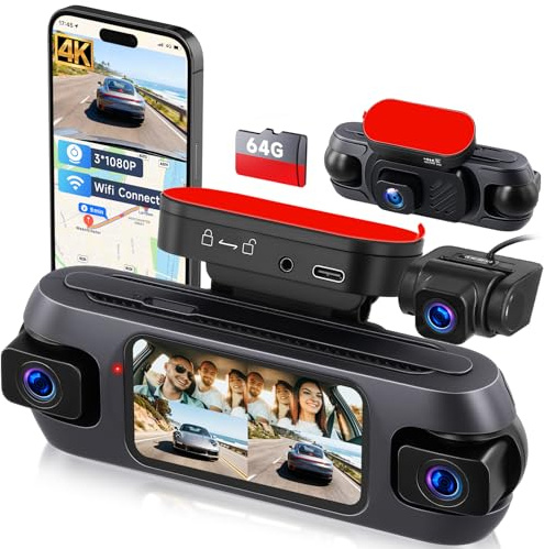Hodozzy 4-kanals bilkamera med wifi och appkontroll, 4K bilkamera med loopinspelning, 3-tums GPS-kamera med mörkerseende, G-sensor, parkeringsläge, rörelsedetektering, backhjälp + 64G TF-kort