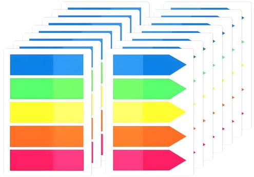 Sticky Index Tabs 1000 Pack, 5 Colour Translucent Page Markers and Writable Book Tabs with Arrow and Rectangle Designs, Removable Sticky Notes for Books, Planners, School and Office