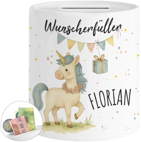 Tassenliebling® Wunscherfüller Spardose Einhorn personalisiert mit Name - Spardose Kinder mit Tiermotiv - Kinderspardose Mädchen Jungen - Sparschwein, Sparbüchse Geburtstag, Weihnachten, Geburt