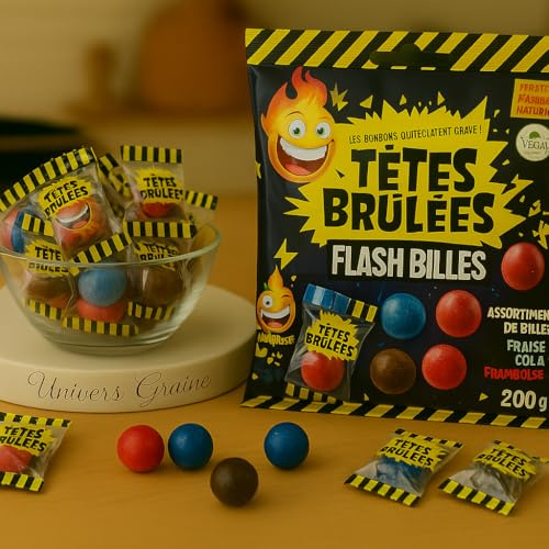 Têtes Brûlées Flash Billes - Colore ta langue - Bonbons acidulés explosifs - Framboise Cola Fraise - Sans Gelatine - Bonbon - 077