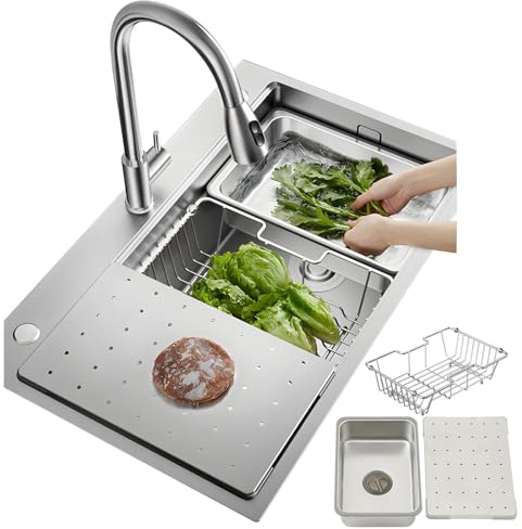 HZKSINNK 304 Stainless Steel Sink, 1 Bowl Built-in Sink, Brushed Kitchen Sink, Large Basin, 500 mm Depth, Handmade, Multifunctional Sink, with Siphon, Drain Fitting (Silver-#A, 85 x 50 cm)
