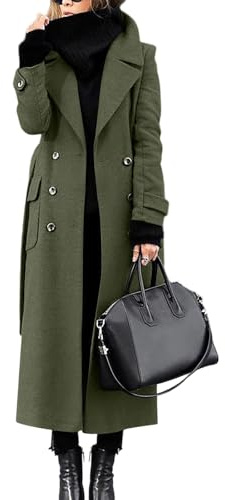 Womens Coats Plus Size, Womens Winter Double Breasted Wool Blend Coats Long Sleeve Notch Lapel Dressy Long Trench Coat Work Office Overcoat for Ladies Uk Size 10 12 14 16 18 20,Green,L,u755k