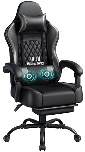Abician Fauteuil Gaming Pivotant Ergonomique, Chaise d'ordinateur Inclinable avec Coussin Lombaire, Massant Têtière Amovible Repose-Pieds Coulissant, Assise Réglable en Hauteur, Noir intégral