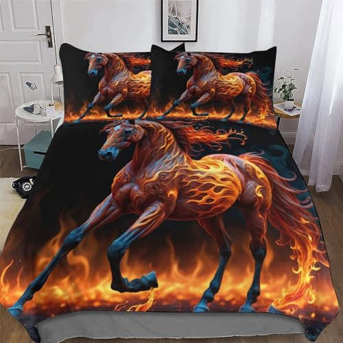 AASWDDS Flame Cheval Parure De Lit - Microfibre 3 Pièces Housse De Couette Douce - Linge De Lits avec Taies d'oreiller pour Enfants Adultes King(220x240cm)