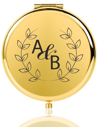 HERSTL Personalisierter Kompakter Reiseschminkspiegel, Individueller Kleiner Handspiegel Für Hochzeiten, Gravierte Taschen-Spiegel Mit 2-facher Vergrößerung, Brautjungfern-Geschenk(Gold)