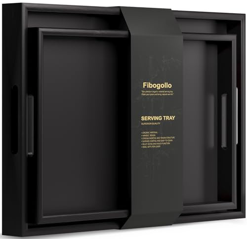 Fibogollo 2er Set Bambus Serviertablett, Deko Tablett Serviertabletts mit Griffen,Groß Küchentablett Servierplatten für Frühstück Geschirr Getränke(Schwarz)