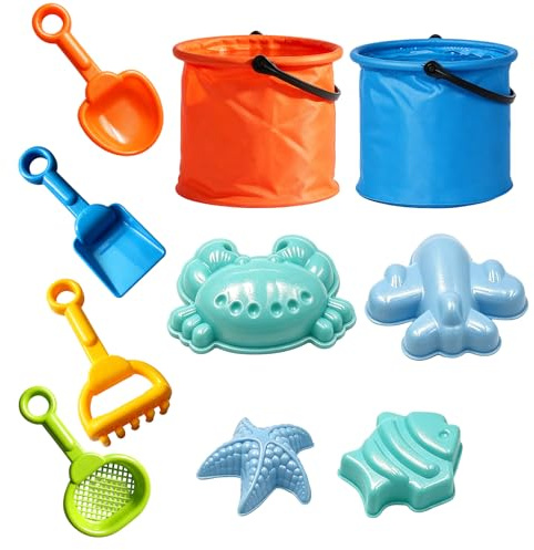Collapsible Bucket and Spade Kids Beach Set, Buckets and Spades for Kids with 2 Foldable Buckets and 4 Moulds, Sand Toys for Outdoor Play and Creative Activities, 14x14 cm Design for Easy Storage