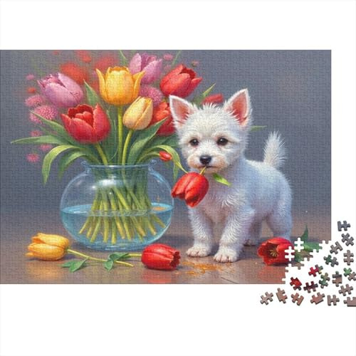 Chiot Blanc Puzzle 1000 Pièces Papier pour Adultes Vase de Tulipes Jeu de Puzzle 1000 Pièces Décoration Famille Détente 52x38cm/1000pcs