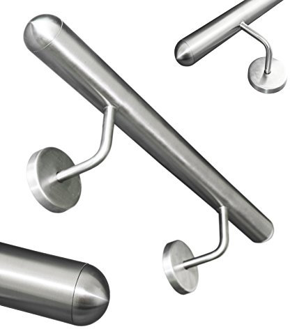 Edelstahl Handlauf V2A 42,4mm 240K geschliffen Wandhandlauf mit runder Endkappe Halbkugel - UNGETEILT - 2000 mm