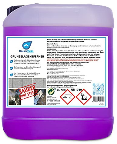 KaiserRein Profi Grünbelagentferner 5L Kanister - Hochergiebiges Konzentrat für bis zu 750 m² - Beseitigt effektiv Grünbeläge, Moos, Algen auf Terrassen, Fassaden, Beton, Stein