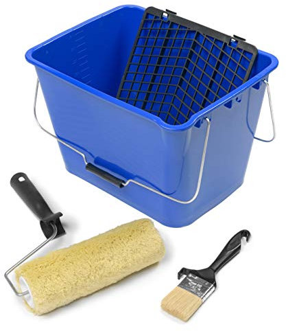 KIT PISCINAS - Rodillo de Felpón con Cubeta Rejilla y Brocha - Cubeta 16 L con rejilla - Paletina 50mm- Especial para pintura piscinas y piedra de coronación