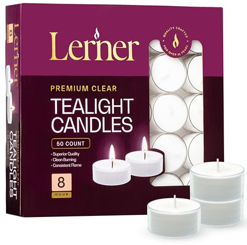 Lerner Clear Tea Lights Candles Bulk - Long Burning 8 Hour Clear Cup Tealight 50 Pack - Consistent Smkless Clean Burning - Holiday, Wedding, Spa, Emergency and Home Decoration Candles