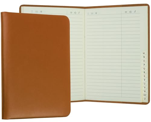 DELMON VARONE - Personalisierbares Adressbuch DIN A6+ gebunden mit A-Z Register Boxcalf Leder braun - Telefonbuch klein mit leicht wattiertem Hardcover Einband & alphabetischem Telefonregister