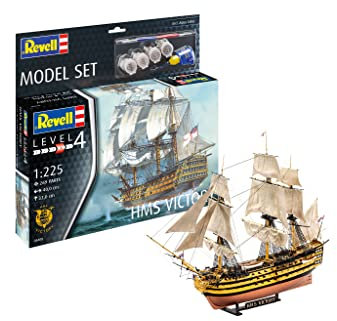 Revell Model Set 65408 HMS Victory 1:225 Scale Unbuilt/Unpainted Plastic Model Kit with Contacta Professional Glue, Paintbrush & Selected Aqua Color Paints