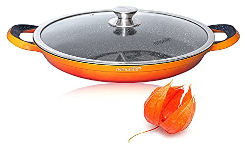 Paella Pan | Glass Lid |Non-Stick | Anti Scratch | Removable Silicone Handles | Ceramic Coating Chemical Free | Induction & Oven Safe | Heavy-Duty | Stainless-Steel Base (Orange, 36 CM)